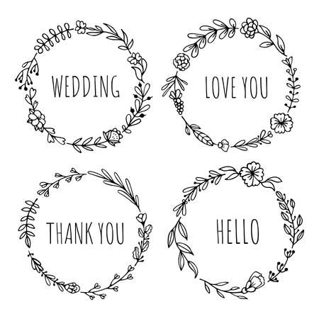 Set of black doodle round frames, vignettes for bullet journal, notebook, diary, and planner isolated on white background. Hand-drawn wreaths with space for your textのイラスト素材