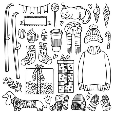 Set of cute hand-drawn Christmas and winter elements isolated on white background.のイラスト素材