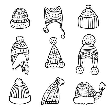 Doodle set of black knitted hats isolated on white background. Cute hand-drawn headwear for Christmas illustration.のイラスト素材