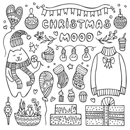 Set of cute hand-drawn Christmas and winter elements isolated on white background.のイラスト素材
