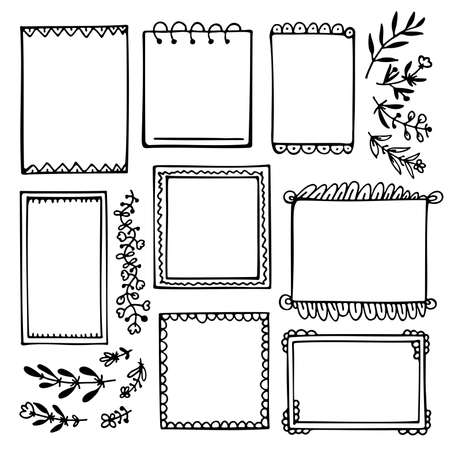 Set of black doodle frames and branches for bullet journal, notebook, diary, and planner isolated on white background.のイラスト素材