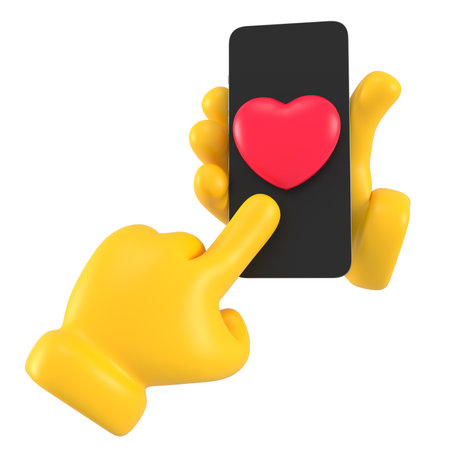 Yellow emoji hand holding and tapping shape of heart on screen. Using smartphone. Isolated mobile phoneの写真素材