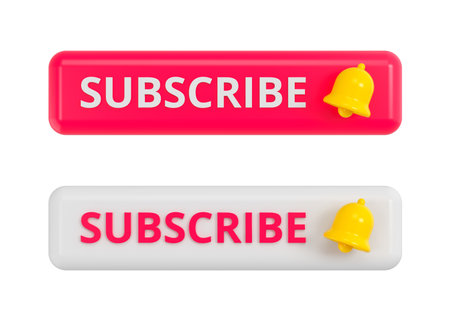 Two red and white subscribe button with a yellow bell. Social media, channel or blog marketing concept. 3d rendering.の写真素材