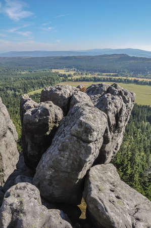 Tourists on the trail Stolowe Mountains National Park near Kudowa-Zdroj resort, Lower Silesia, Poland Gory Stoloweの写真素材