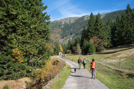 Tourist with a red backpack on the trail in the Karkonosze Mountains - Karkonosze National Park, Czech Republicのeditorial素材