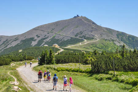 Tourists on the trail in the Karkonosze Mountains, Sniezka summit 1603 m asl, Poland, Karkonosze National Park, Tourist Routes, Tourists, Trailのeditorial素材