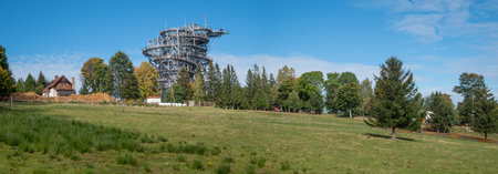 Autumn in Swieradow Zdroj, Poland Lookout Tower in spa resort in the Izerskie Mountains in Polandの写真素材