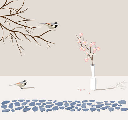 two birds look at flowerのイラスト素材