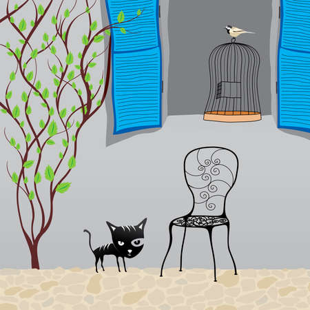 cat hunting of the birdのイラスト素材
