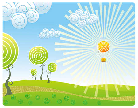 Kind on a landscape with a balloon in the form of the sunのイラスト素材
