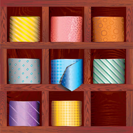 A set of ties folded in the wood shelvesのイラスト素材