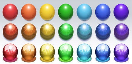 Multicolored balls of primary colors arranged in 3 rows with a matte, metallic and glass effect. A set of multicolored spheres on a light background with a shadow. Vector illustrationのイラスト素材