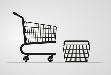 Trolley and shopping basket in the supermarket. Metal mesh trolley with a shadow on a light background. Flat Vector illustration.のイラスト素材