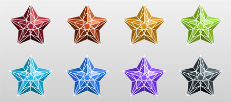 3D Multicolored stars of primary colors, arranged in 2 rows. A set of multicolored stars on a light background. Vector illustration.のイラスト素材
