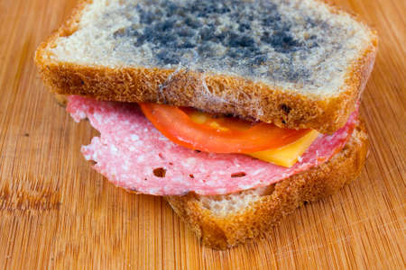 moldy sandwich with salami, tomatoes on a chopping boardの写真素材