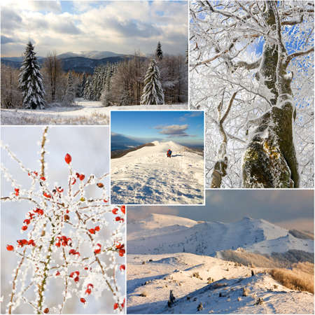 winter mountains landscape, collageの写真素材