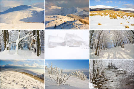 winter mountains landscape, collageの写真素材