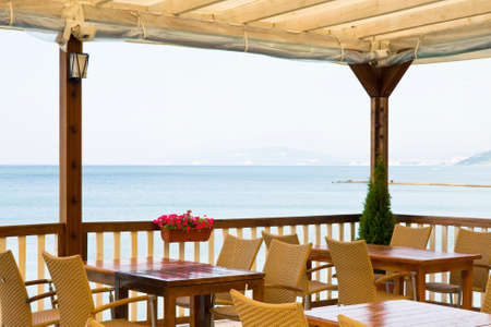 Restaurant on the beach, sea and sky のeditorial素材