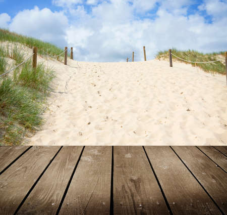 Beach and empty wooden deck table  Ready for product montage display  の写真素材