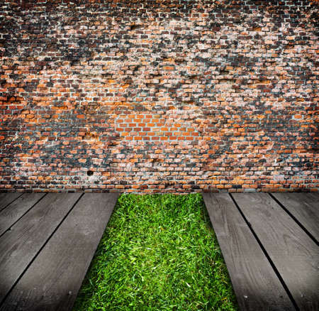 Empty old room with green grass  Ready for product montage display  の写真素材
