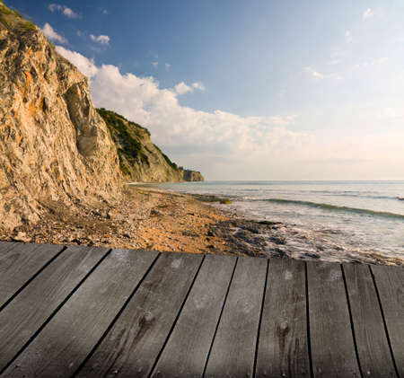Sunrise and empty wooden deck table  Ready for product montage display  