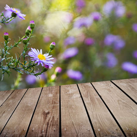 autumn theme and empty wooden deck table. Ready for product montage displayの写真素材