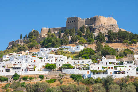 Lindos, castle above on the Greek Island of Rhodes のeditorial素材