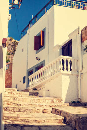 vintage photo of narrow street in Lindos. Rhodes, Greece の写真素材