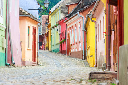 Medieval street view in Sighisoara founded by saxon colonists in XIII century, Romaniaの写真素材