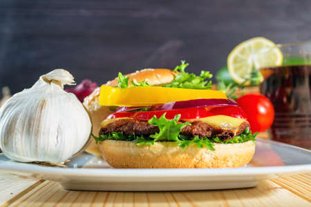 homemade hamburger with fresh vegetables, close up の写真素材