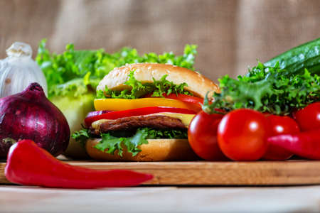 homemade hamburger with fresh vegetables, close up の写真素材
