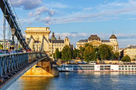 HUNGARY, BUDAPEST - JULY 23: Chain bridge is a suspension bridge that spans the River Danube between Buda and Pest on July 23, 2014 in Budapest. のeditorial素材