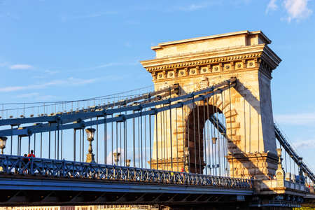 HUNGARY, BUDAPEST - JULY 23: Chain bridge is a suspension bridge that spans the River Danube between Buda and Pest on July 23, 2014 in Budapest. のeditorial素材