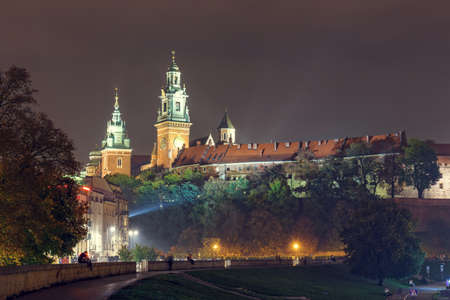 KRAKOW, POLAND - October  11, 2014: Night view of Royal Wawel castle. Krakow is most famous city to visit in Poland.のeditorial素材