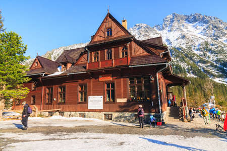 Morskie Oko Lake, POLAND - MARCH 14: Mountain shelter house in Tatra Mountains, Morskie Oko Lake, Poland on March 14, 2014.Tatra Mountains is very popular travel destination.のeditorial素材