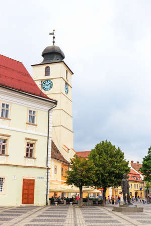 Sibiu, Romania - July 19, 2014: Old Town Square in the historical center of Sibiu was built in the 14th century, Romaniaのeditorial素材