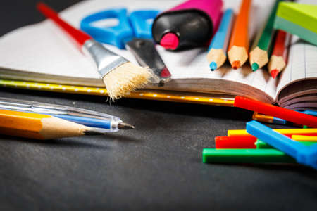 School supplies on black backgroundの写真素材