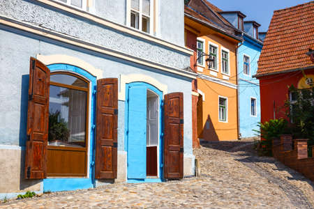 Medieval street view in Sighisoara, Romaniaの写真素材