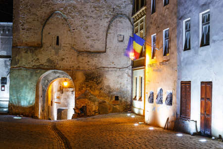 historical center of Sighisoara at nightの写真素材