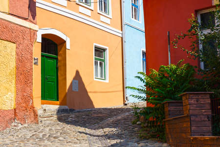 Medieval street view in Sighisoara, Romaniaの写真素材