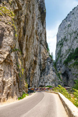BICAZ GORGES, ROMANIA - JULY 07, 2015: Tourists visit the Bicaz Canyon. Canyon is one of the most spectacular roads in Romania.のeditorial素材