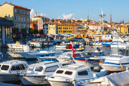 Rovinj, Croatia, 12 JULY 2012: Morning view on sailboat harbor in Rovinj with many moored sail boats and yachts, Croatiaのeditorial素材