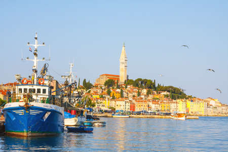 Rovinj, Croatia, 12 JULY 2012: Morning view on sailboat harbor in Rovinj with many moored sail boats and yachts, Croatiaのeditorial素材