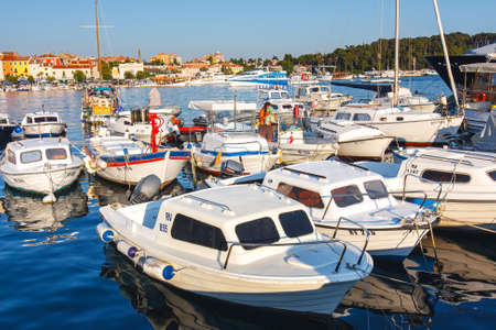 Rovinj, Croatia, 12 JULY 2012: Morning view on sailboat harbor in Rovinj with many moored sail boats and yachts, Croatiaのeditorial素材