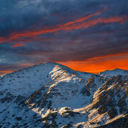 Winter landscape with a sunset. Tatra Mountains, Polandの写真素材