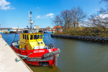 Kolobrzeg, Poland - April 08, 2016: View on harbor in Kolobrzeg with many moored boats and ships. Kolobrzeg is a popular tourist destinationのeditorial素材