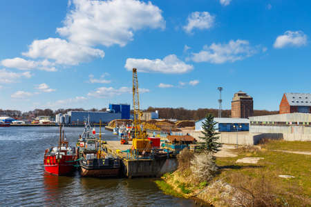 Kolobrzeg, Poland - April 08, 2016: View on harbor in Kolobrzeg with many moored boats and ships. Kolobrzeg is a popular tourist destinationのeditorial素材
