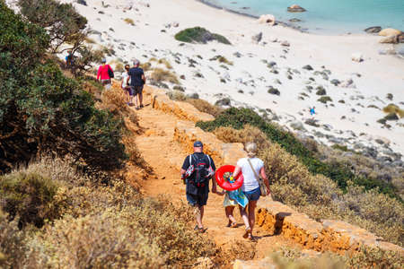 Crete, Greece - 24 May, 2016: Unidentified people are coming down to the beach in Balos Lagoon on Crete, Greeceのeditorial素材