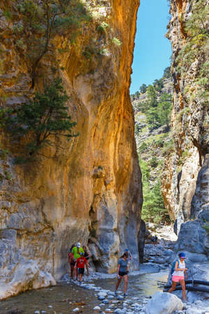 Samaria Gorge, Grece - MAY 26, 2016: Tourists hike in Samaria Gorge in central Crete, Greece. The national park is a UNESCO Biosphere Reserve since 1981のeditorial素材