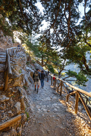 Samaria Gorge, Grece - MAY 26, 2016: Tourists hike in Samaria Gorge in central Crete, Greece.のeditorial素材